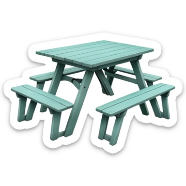 functional scenic prop picnic table with benches, soft teal, straight vertical legs, wheels, flat wood-style silhouette, clean geometry, minimal shading sticker