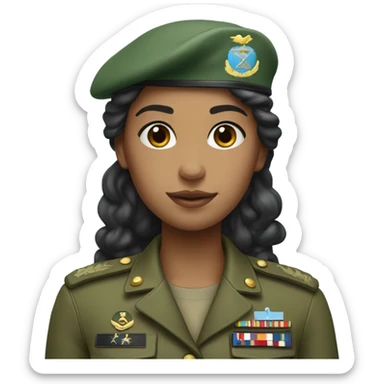 A girl with long curly dark hair wearing a green military uniform and a light blue beret on her head sticker