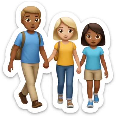 iOS emoji style. 2 friends and a child walking and talking.  sticker