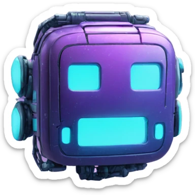 Smily face robotic scanning device, cyberpunk, cyan and purple colors, friendly, futuristic, binary code sticker