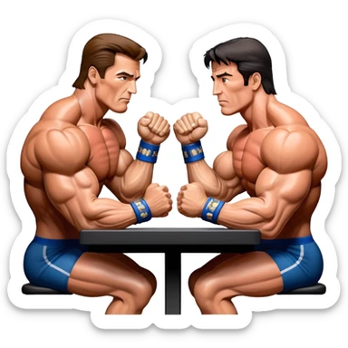 Arnold Schwarzenegger and Sylvester Stallone from 'Over the Top,' locked in an arm wrestling battle, using only their right hands. Their left hands rest on the table. Both display immense strength, with muscular arms flexing, under bright competition lights. Transparent background. sticker