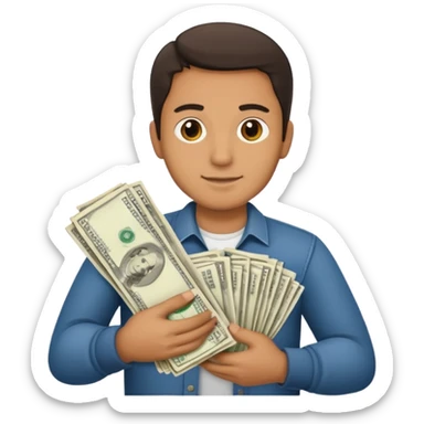 man holding lots of money sticker