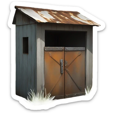 An outdoor tool shed found abandoned on Alcatraz island, corner angle  sticker