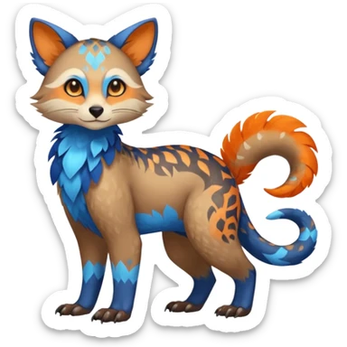 Colorful brown with blue and orange tropical exotic shiny beautiful fantasy-Trico-Cacomistle-oncilla-animal-Fakémon-hybrid-fursona (full body) sticker