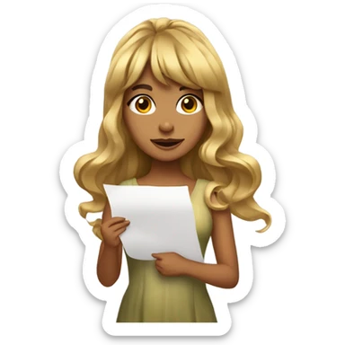 olive SKIN GIRL with long gold wavy hair and bangs holding paper sticker