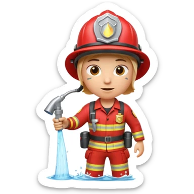 A 3D Apple-style emoji character dressed as a firefighter in a bright red uniform and helmet, holding a fire hose spraying water forward, determined expression with cartoonish eyes, water splashing effect, clean minimal background sticker
