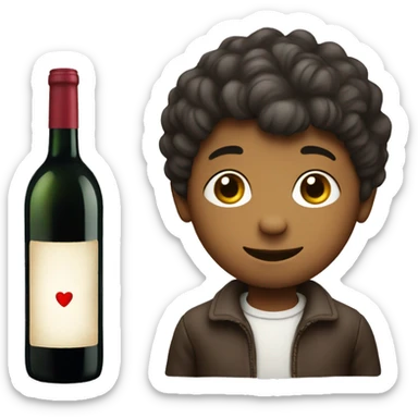 A boy with a bottle of wine come with a heart shape label sticker