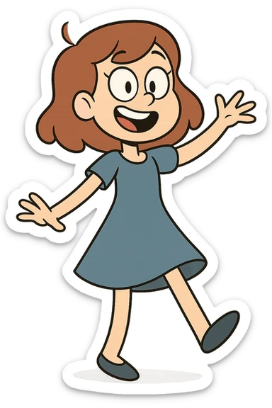 girl wearing blue dress, cheerful, cartoon style sticker