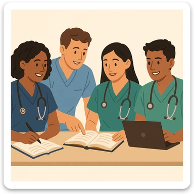 four nursing students working together, diverse group, collaborative, medical uniforms, friendly, modern illustration sticker