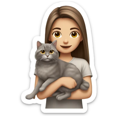  Chestnut brown straight hair girl holding fluffy Siberian gray cat  sticker