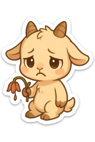 chibi goat, sad, holding a wilted flower, frowning, simple background sticker
