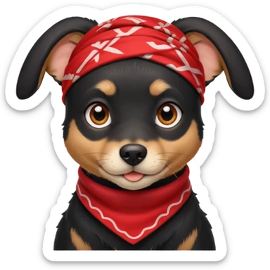 Shadow is a mixed-breed dog, a cross between a Belgian Malinois and a Border Collie. He has a sleek black coat, big upright ears, and bright, intelligent eyes. He wears a red bandana around his neck, which gives him a strong and distinctive look. sticker