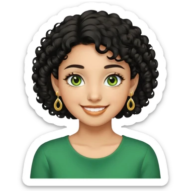 Girl showing happiness, medium skin tone, short curly black hair, gold earrings, green eyes sticker