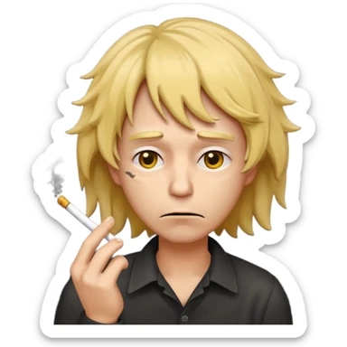 stressed classic yellow emoji looking down shaking head wearing a disheveled wig with a cigarette in hand sticker