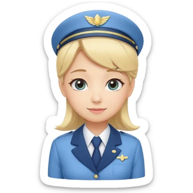 Cute emoji-style Japanese flight attendant, blonde hair long, pastel blue airline uniform, kawaii cartoon style, big eyes, simple clean lineart, pastel colors, chibi proportions, friendly smile, sticker/emoji, transparent background sticker