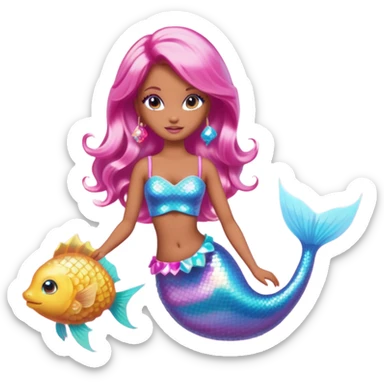 Brown skin blonde hair barbie mermaid with holographic tail and pink hair with pufferfish sticker