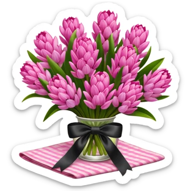 A lush bouquet of bright pink color Hyacinths black satin ribbon, resting on an antique wooden table, with a pale yellow and pink plaid pattern table cloth sticker