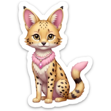 Whitish colorful pastel-rosy-pink cute elegant furry kawaii Serval, full body, with a cute pretty necklace  sticker