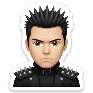 Richard Kruspe, apple style emoji, serious look, spiky hair, black clothing sticker