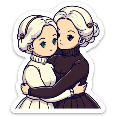 Two Victorian women with light green eyes embracing sadly. One has bright white coiffed hair, the other has dark copper coiffed hair. Both wearing Victorian turtleneck dresses, hugging tightly sticker