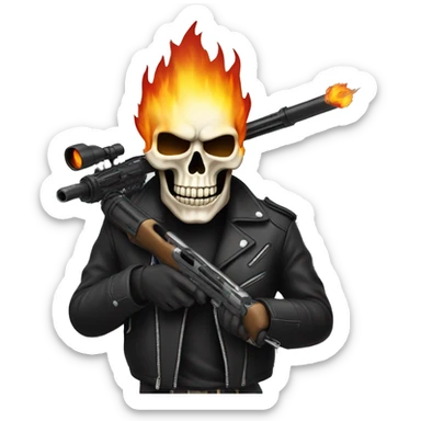 flaming skull  wearing leather jacket holding a sniper rifle sticker