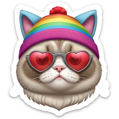 grumpy cat wearing a rainbow beanie and heart-shaped sunglasses sticker