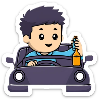 person in a car holding a bottle, showing the act of drinking and driving sticker