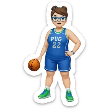 Full Body plus size white female basketball player with short medium brown hair with  spike hair wearing blue glasses 
With a pug wide nose wearing blue green uniform  green sneakers smiling wearing silver hoop earrings sticker