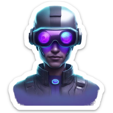 Secret humanoid agent in a futuristic hat with in Apple VR goggles headset code display on the goggles , cyberpunk, cyan and purple colors, only upper body portrait, front facing the camera  sticker