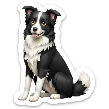 cinematic-[border collie dog]-realistic-full-body-sitting-emoji,-tail-resting-loosely-beside-its-paws,-head-tilted-dramatically,-scruffy-[black and white]-fur,-simplified-yet-realistic-focused-features,-highly-detailed,-glowing-with-an-almost-sarcastic-glow sticker
