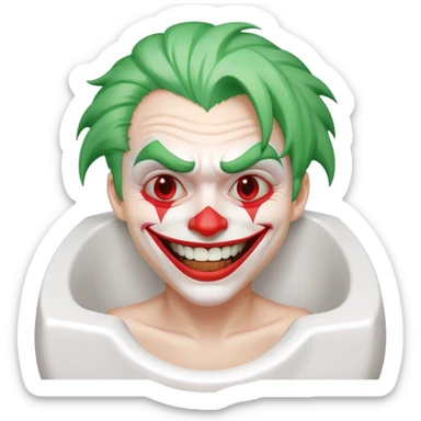 Joker character on toilet laughing hysterically, green hair, white face, red smile sticker