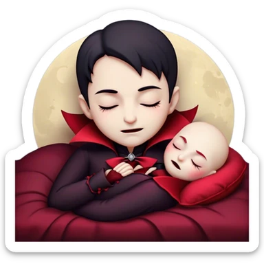 Meme-Worthy Cute Sleeping Vampire Portrait Emoji, with a refined, small, pale face softened by closed, serene eyes and a slight, peaceful smile, adorned in miniature elegant dark attire with a hint of fading crimson, simplified yet irresistibly adorable, highly detailed with a soft ethereal outline that captures the drowsy charm of a vampire in quiet nighttime slumber! sticker