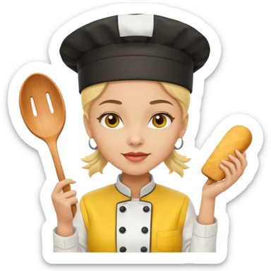 a woman chef wearing a bright yellow uniform, no posing sticker
