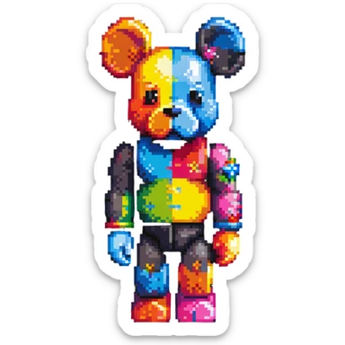 Pixel art KAWS Bearbrick figure with X eyes, blocky bear shape, vibrant colors sticker