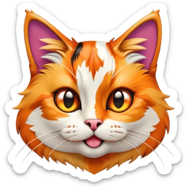 Cinematic Comical Calico Cat Portrait Emoji, Head tilted dramatically with an exaggeratedly surprised expression, showcasing a vibrant patchwork fur of orange, black, and white with wide, comically expressive eyes, simplified yet hilariously detailed, glowing with a sassy, golden radiance, high shine, exuding playful mischief and cheeky feline attitude, styled with a soft glowing outline, capturing the essence of a calico cat that looks ready to leap off the screen with mischievous flair! sticker