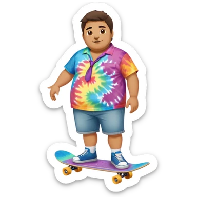 Full body chubby Mexican man with a skateboard from the city in shorts and a tie-dye tshirt sticker