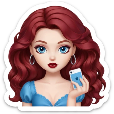 bratz pretty baddie, dark red wavy hair, pale skin, long hair, blue eyes, makeup sticker