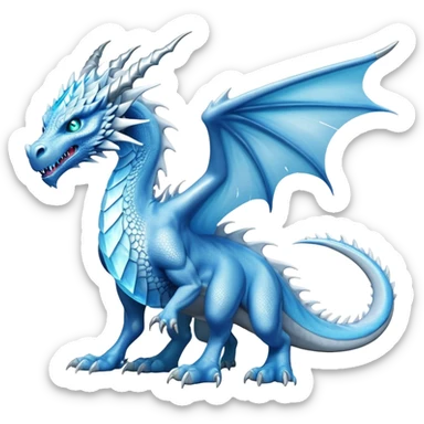 Cinematic Noble Fierce Ice Dragon full body Emoji, Poised and imposing, distinct long elegant snout, with a slender, scaled body shimmering in glacial hues of icy blue, frostbitten silver, and crystalline white, breathing out frost, with piercing, glowing eyes that radiate the chilling depths of an arctic storm; rendered in detail. displaying its wings sticker