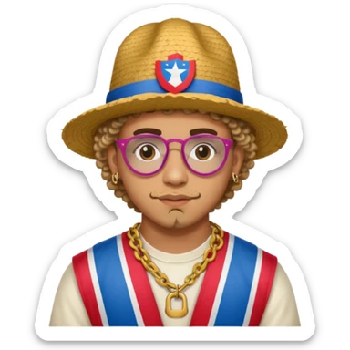 An emoji of Bad Bunny, the superstar from Puerto Rico. The singer. His hair is curly. He has a padlock beard. An an traditional boricua hat.  sticker