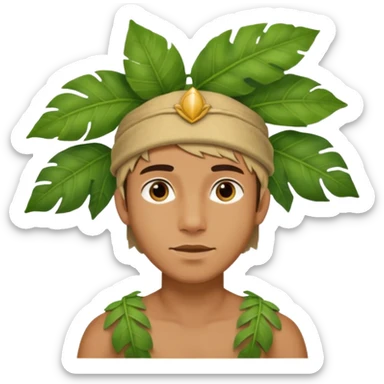 a young man explorer with jungle wearing a large leaf headgear bye  sticker