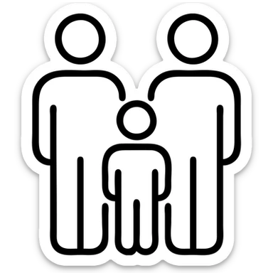 family icon with two parents and one child, minimal lines, universal signage style sticker