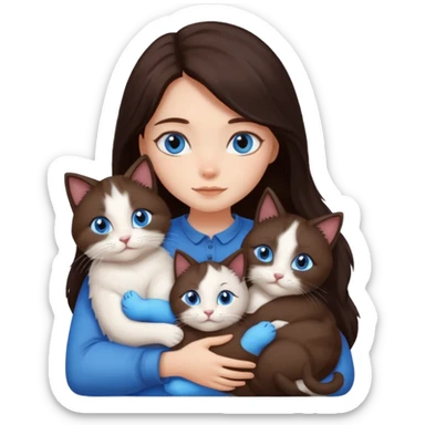 a girl with long dark 
brown hair, with blue eyes, hugs 3 different natural coloured cats sticker