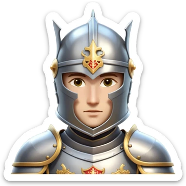 Clash of Clans aesthetic: Cinematic heroic Armored Knight Hero close up Emoji, rendered in a 3D vector-style similar to standard emojis with minimal shading and bold, simplified shapes. A compact, isometric warrior clad in gleaming plate armor with intricate heraldic details, softly glowing with a chivalrous medieval charm. Simplified yet unmistakably iconic, highly detailed and consistent, glowing with a soft radiant shine and high polish. Stylized with a touch of noble valor and a soft glowing outline, wearing a full face helm so that no face is visible with only eyes visible, capturing the essence of a gallant knight ready for honorable battle with a friendly, playful manner! sticker
