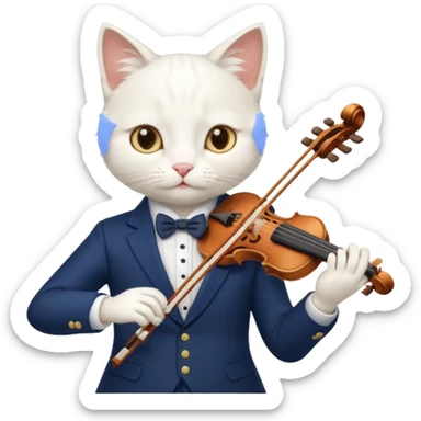 white cat play violin, wear navy suit sticker