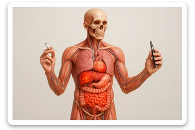 Medical illustration, hyperrealistic 4K, realistic anatomical human body, inflamed liver and intestine highlighted, holding a lit normal cigarette in the right hand and an electronic cigarette in the left hand, clear background, extremely detailed, same lighting and style as the provided reference image. sticker