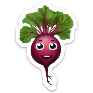 miling beetroot with big expressive eyes, rosy cheeks, and a green leaf on top. Simple and bright design with a cheerful and cartoonish style. sticker