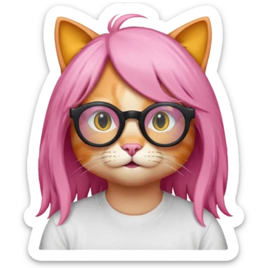 Orange Yellow cat wearing a long pink hair wig, black circle glasses, white T-shirt sticker