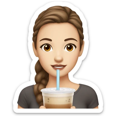 White girl with brown hair and brown eyes drinking bubble tea sticker