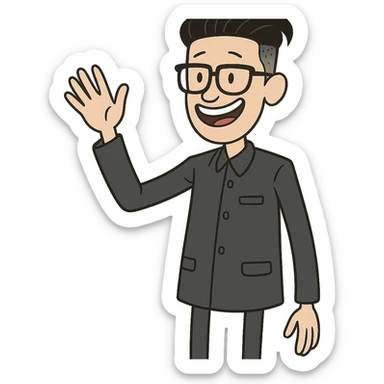 skinny cartoon version of Kim Jong Un, waving, wearing dark suit, cheerful and friendly, fun cartoon style sticker