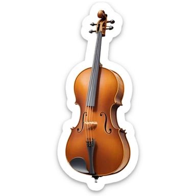 Create a refined and detailed emoji representing a Cremona cello with a bow. The design should feature the smooth, polished wooden body of the cello with a deep, rich tone color. The strings and tuning pegs should be visible, emphasizing the instrument's fine craftsmanship. Add a delicate bow placed gently across the strings, with intricate detailing on the hair and frog. Include subtle musical notes around the cello to evoke the graceful, classical sound. Use warm wood tones and accents like gold and silver for a professional, elegant look. The background should be transparent. sticker